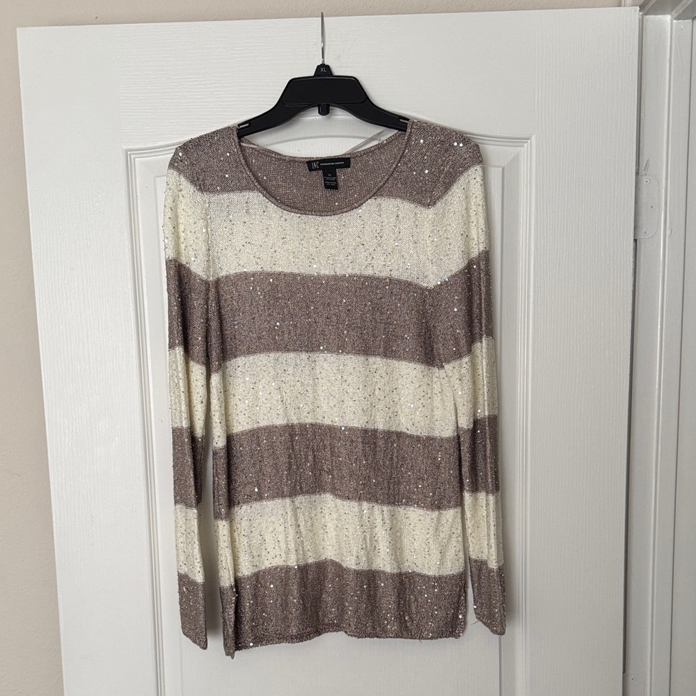 INC International Concepts Sequin Knit Top - Brown and Cream